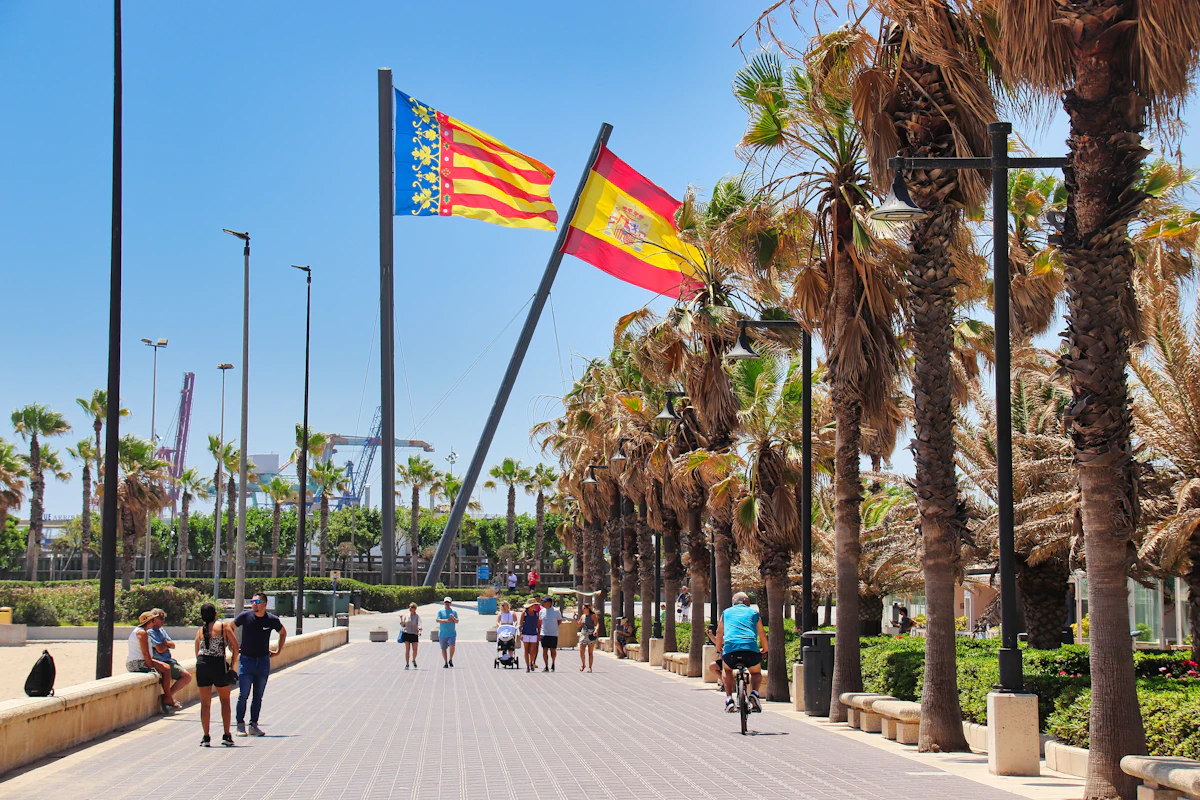 Paseo marítimo con palmeras y banderas junto a la playa